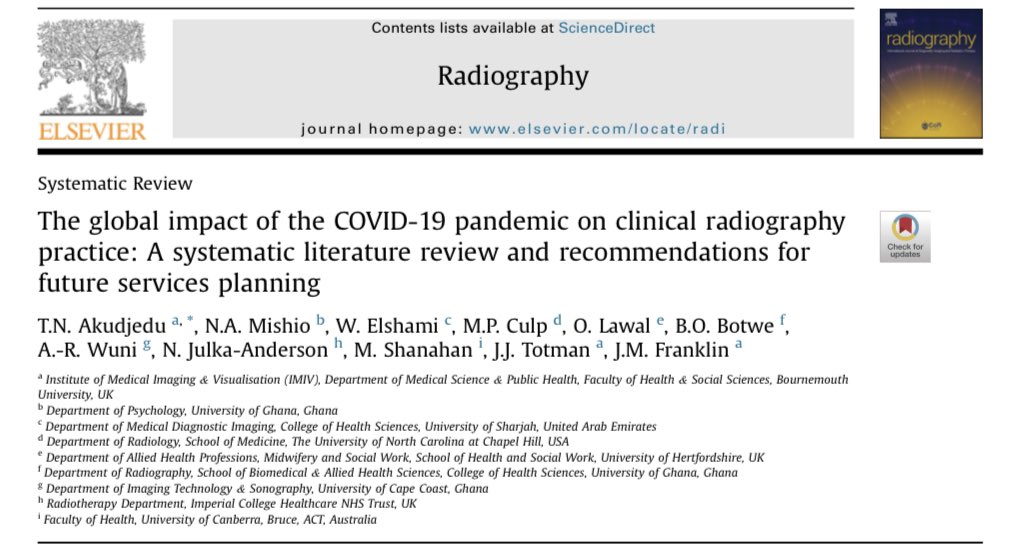 TheoAkudjedu's tweet photo. Delighted our global study on #COVID impact on #radiography practice is chosen for the @RadiographyJour Editor’s Choice Award 2021🥇 

Congratulations to the superb 🌏 Team👏

👇Free Access 📚: https://t.co/QLlkftHBLi

🧵highlighting some of the regional studies/findings 👇1/n https://t.co/o9T06G1tty
