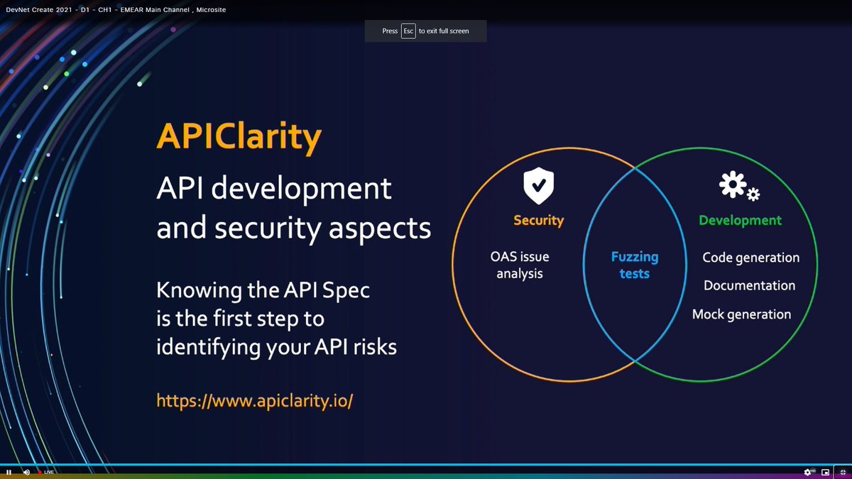 "Knowing the API spec is the first step to identifying your API risks" apiclarity.io at #DevNetCreate 

1. Embed #apiclarity to your CI/CD pipelines
2. Get OpenAPI specs dynamic built from your kubernetes apps inbound &amp; outbound API traffic