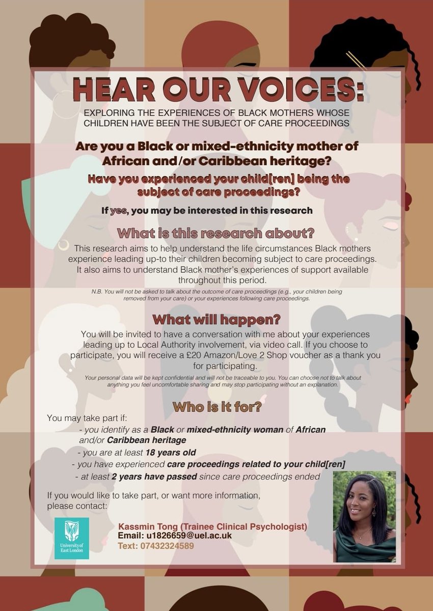 Pls RT and share this important research study exploring the experiences of Black mothers whose children have been subject to care proceedings. Contact Kassmin U1826659@uel.ac.uk for further info!