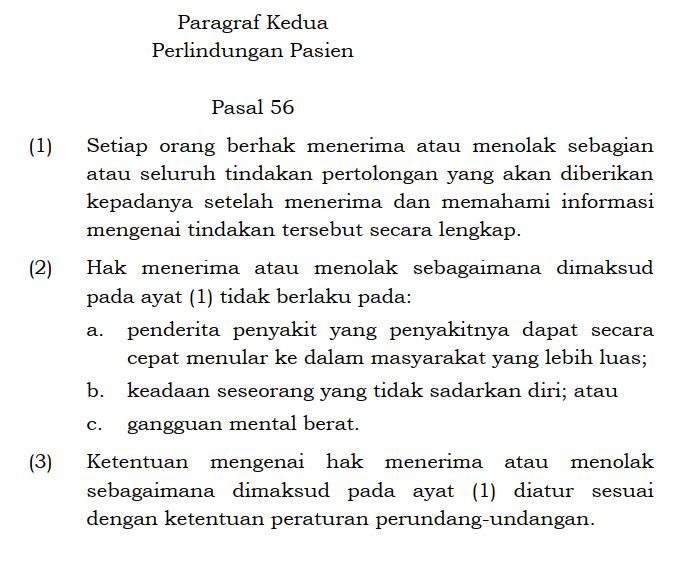 tonangardyanto's tweet photo. Saya bukan ahli hukum. Berikut hanya menunjukkan isi UU Kesehatan no 36/2009. Ada pasal 5 yang menyatakan hak untuk menentukan sendiri pelayanan keehatan yang diperlukan bagi dirinya. Kemudian ada pasal 56 yang memberikan pengecualian terhadap hak di pasal 5 tersebut. 

Mangga. https://t.co/nWmLqdpQsc