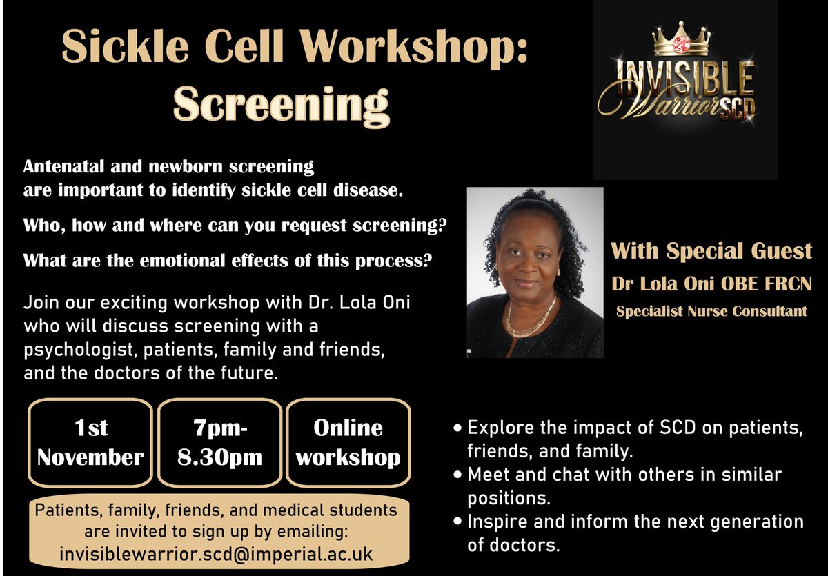 Our next #sicklecell workshop is all about #screening. Are you a medical student and interested to learn more about the importance of screening, how the process works, and the emotional effects for those involved? Join our workshop by emailing invisiblewarrior.scd@imperial.ac.uk