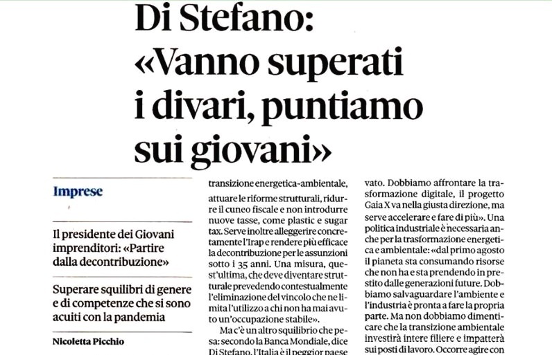 GIConfindustria's tweet image. Di Stefano: vanno superati i divari generazionale, di territorio, di genere e di competenza. È tempo di puntare sui giovani.
L’intervista al Presidente Di Stefano oggi sul Sole24Ore, dedicata al nostro prossimo convegno #Spazi2021