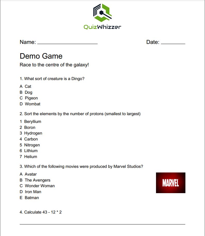 New: Print quizzes as a worksheet! Use to accompany a QuizWhizzer game or as an offline alternative✍️