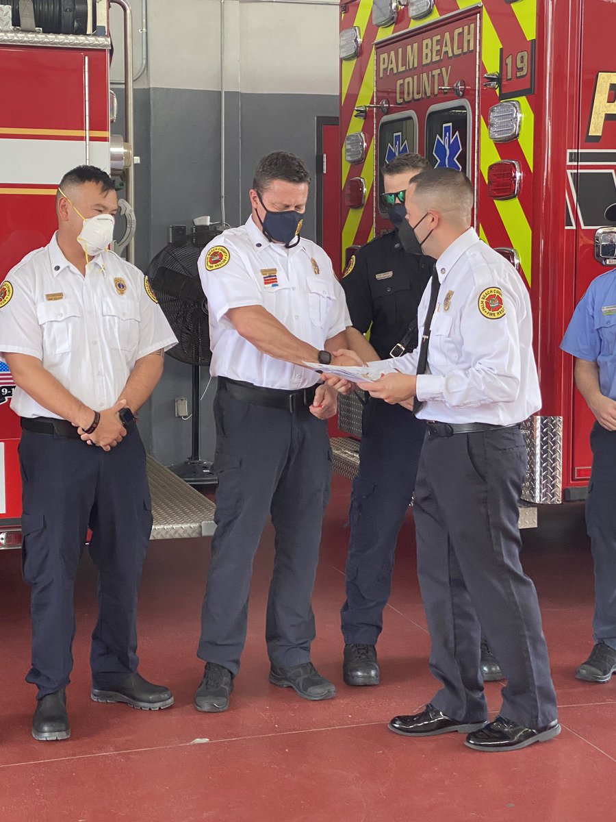 PBCFR's tweet photo. Congratulations to the crew from #Rescue19 and #Engine16 for their dedicated work to bring someone back to life. They receive the Department’s new Resuscitation Award Bar for following through with PBCFR Cardiac Arrest Protocols resulting in a positive outcome. https://t.co/olG2A9wWKz