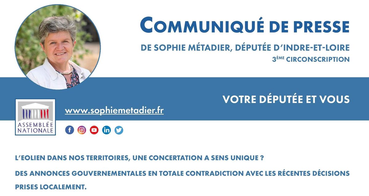 📢 [L’EOLIEN DANS NOS TERRITOIRES, UNE CONCERTATION A SENS UNIQUE ?]

✔ Retrouvez mon dernier communiqué de presse suite aux récentes annonces d'<a href="/Ecologie_Gouv/">Min. Ecologie Territoire Transports Ville Logement</a> en faveur du développement des éoliennes dans nos territoires.

➡ urlz.fr/gE6s sur sophiemetadier.fr