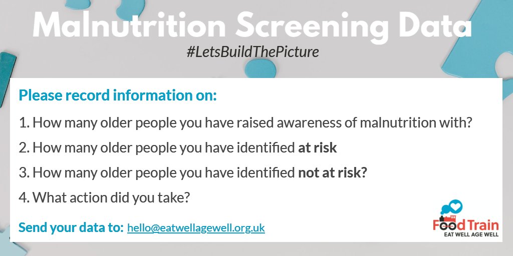 EatWellScot's tweet photo. If you recently ordered our #malnutrition toolkit, then make sure to send us your screening data!

Use our Google Form: https://t.co/FQ9VvC0Gx9

#LetsBuildThePicture https://t.co/VqndNwYzYv