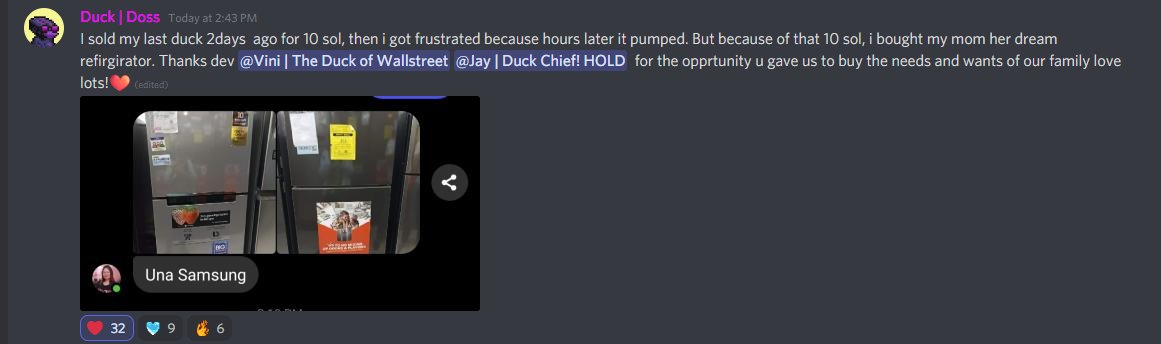 Crypdoss's tweet photo. Here's the full story- Today, I saw someone at @NoiaDucks sell his duck for 47 SOL as funds for his wedding, and @jabur gave him a new duck. Feeling joy for what happened, I shared my story here, that I gave my mom her dream fridge after selling my duck for 10 SOL two days ago. https://t.co/7ci4J2XrAp