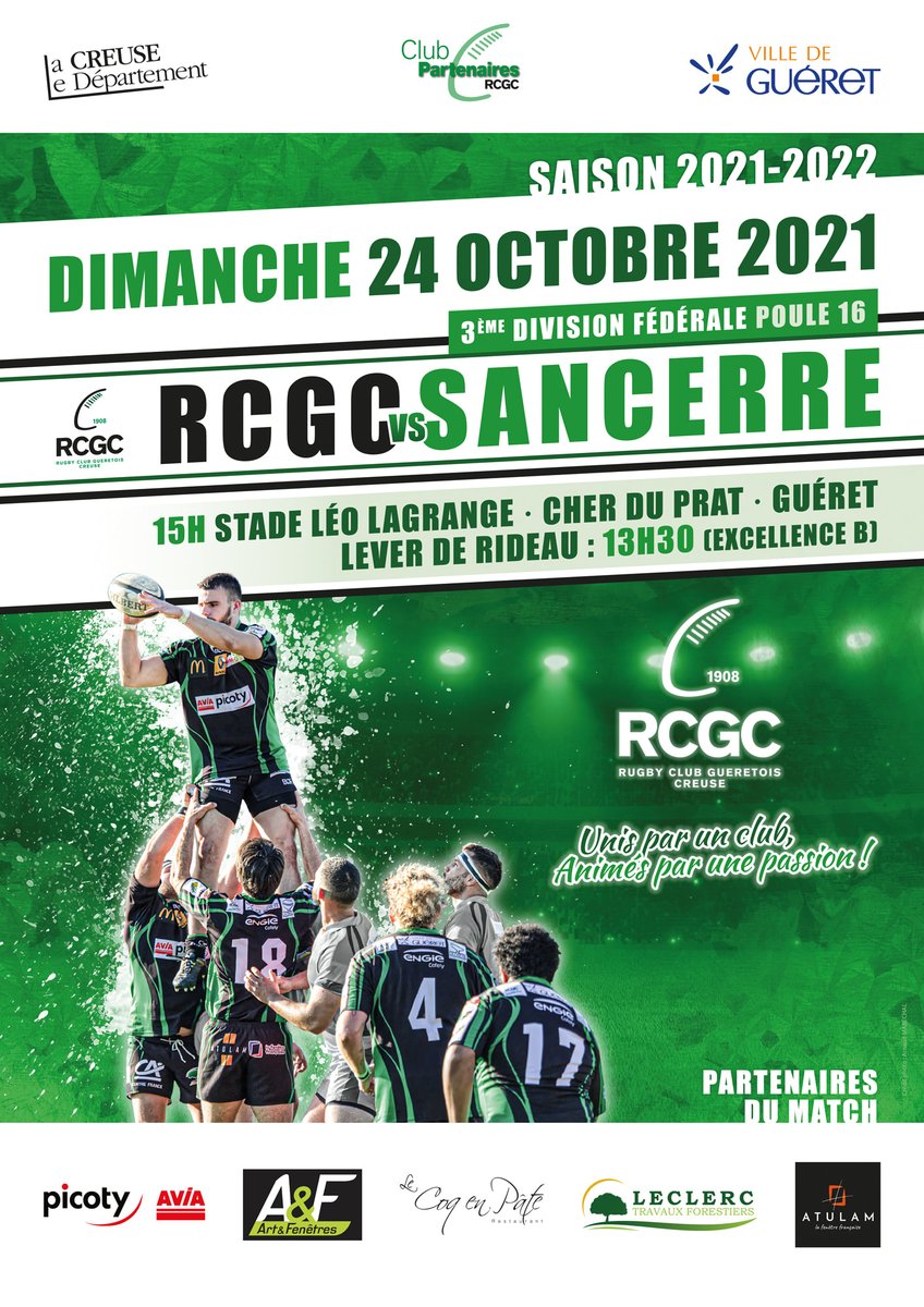 RC Guéretois Creuse 🟩⬛️ - Rugby Sancerrois ⬜️⬛️
📅 Dimanche 24 Octobre
👮🏥 Pass sanitaire obligatoire
🏟Stade Léo Lagrange
📍23000 Guéret (route de cher du prat)
👟🏉Coup d’envoi à 15h 🕒
👟🏉Réserves🦨 à 13h30 🕜
👏🏻Venez nombreux encourager les Verts et Noirs!!!💚🖤