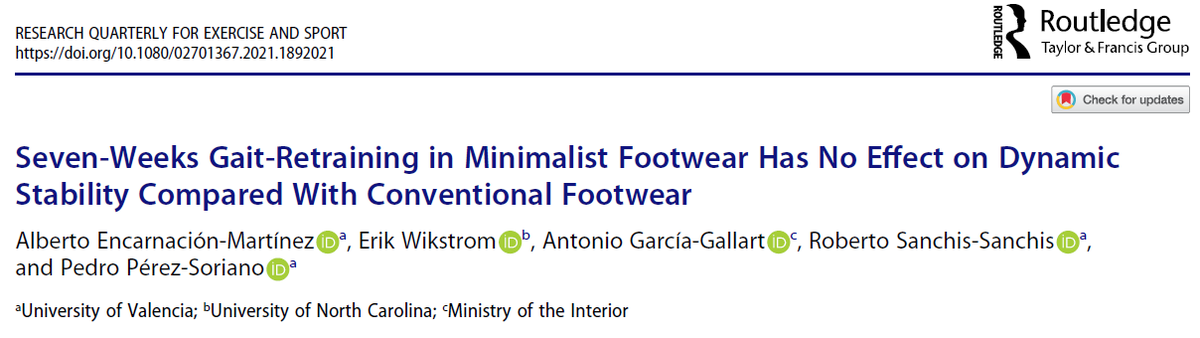🚨NEW PAPER from <a href="/AlbertoBiomec/">Alberto Encarnación Martínez</a> <a href="/Robert_Sanchis/">Robert Sanchis-Sanchis, PhD</a> <a href="/pedroperezso/">Pedro Perez-Soriano</a> <a href="/Garcia_Gallart/">Stefano</a> <a href="/ea_wikstrom/">Erik Wikstrom</a>, published in #RQES

7-weeks gait-retraining in minimalist footwear has no effect on dynamic stability compared with conventional footwear 🏃⚖️

Free download 👇
cutt.ly/pRlEquz