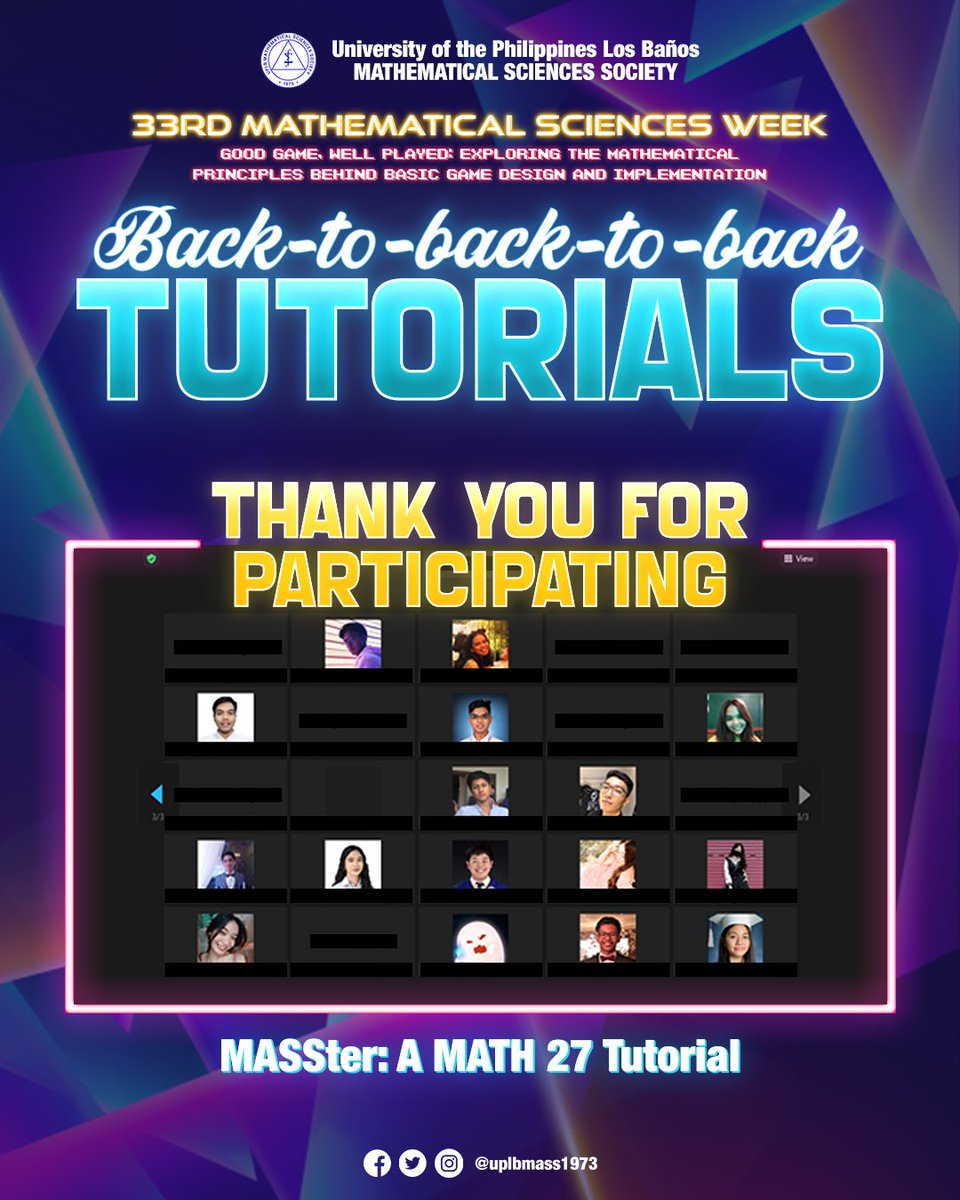 uplbmass1973's tweet photo. Thank you MATH 27 students for attending the first part of our 𝑩𝒂𝒄𝒌-𝒕𝒐-𝑩𝒂𝒄𝒌-𝒕𝒐-𝑩𝒂𝒄𝒌 𝑴𝑨𝑺𝑺𝒕𝒆𝒓: A three-week tutorial series on STAT 101, MATH 27, and CMSC 56.
See you in our future tutorial sessions!
#33rdMathematicalSciencesWeek💻
#MASSter
#GGWP https://t.co/dE0Ro1lMir