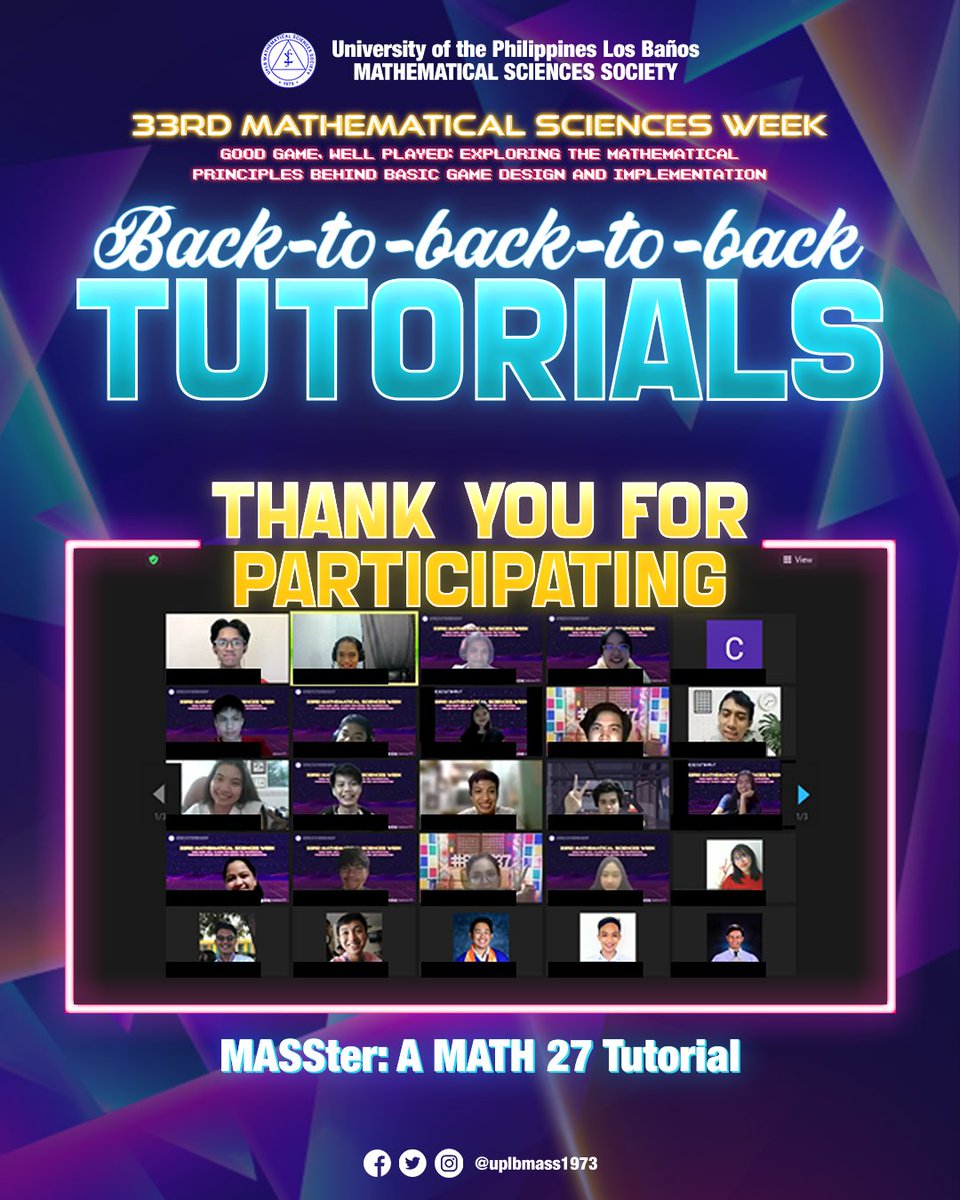 uplbmass1973's tweet photo. Thank you MATH 27 students for attending the first part of our 𝑩𝒂𝒄𝒌-𝒕𝒐-𝑩𝒂𝒄𝒌-𝒕𝒐-𝑩𝒂𝒄𝒌 𝑴𝑨𝑺𝑺𝒕𝒆𝒓: A three-week tutorial series on STAT 101, MATH 27, and CMSC 56.
See you in our future tutorial sessions!
#33rdMathematicalSciencesWeek💻
#MASSter
#GGWP https://t.co/dE0Ro1lMir