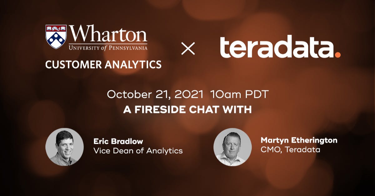 DWright_Data's tweet image. Don’t miss out on an exclusive fireside chat with Vice Dean of Analytics at @Wharton, @ebradlow  and Teradata’s CMO, Martyn Etherington @Etherington_CMO as they discuss #Analytics in Action Save your seat today: whr.tn/3ph7a6b