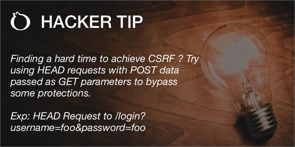 YogoshaOfficial's tweet image. Finding a hard time to achieve CSRF ? Try using HEAD requests with POST data passed as GET parameters to bypass some protections.
Exp: HEAD Request to /login username=foo&amp;password=foo
#bugbounty #hackertips