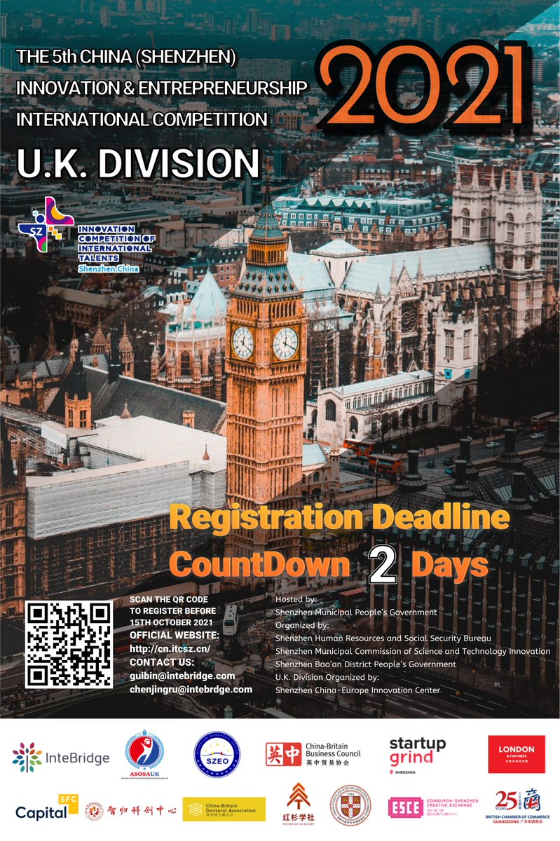 Registration Deadline Countdown 2 Days!
9 countries, 7 industries, the 5th China (Shenzhen) Innovation and Entrepreneurship International Competition U.K. Division is coming! 
Click the website to register
lnkd.in/gmv5KWQc
#Innovation #China #UK #Startup #Entrepreneurship