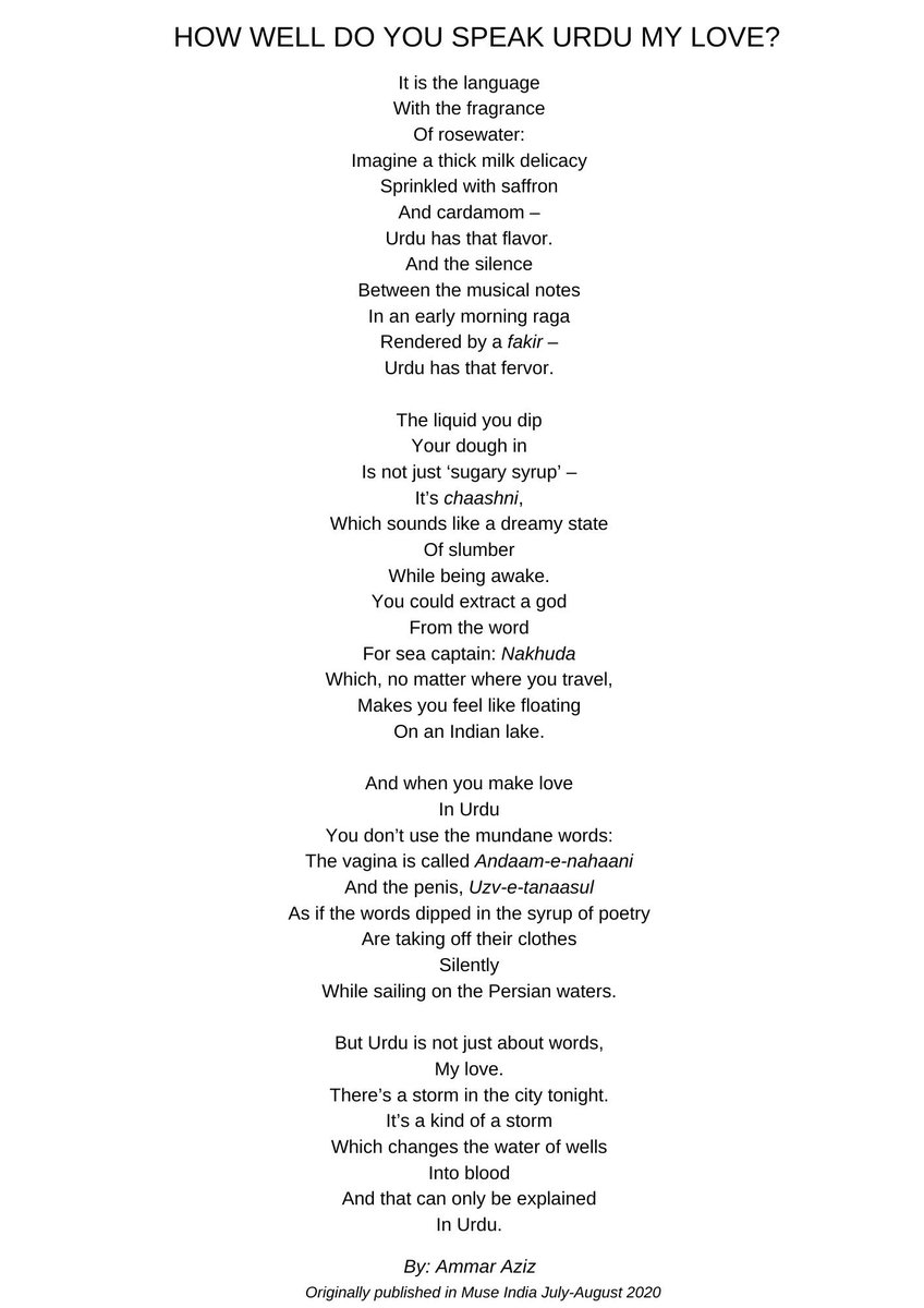 Ammar_Aziz's tweet photo. The whole #Fabindia fiasco is really absurd. Resharing my poem about #Urdu which had appeared in #museindia last year.

.
.
.
.
.
#jashneRiwaaz #JashneRiwaj #BoycottFabIndia #India #jashneurdu #jashneRiwaz https://t.co/Dg4NiM7xLS