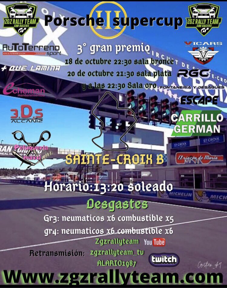 Pues hoy toca las salas de plata y oro de la Porsche supercup <a href="/ZGZRallyTeam/">ZGZ RALLY TEAM Simracers</a> sala plata <a href="/alario1987/">Alario87 TV</a>  sala oro <a href="/CardenosoDaniel/">ekatombe85</a> en el canal zgzrallyteam_tv y te lo vas a perder vamos