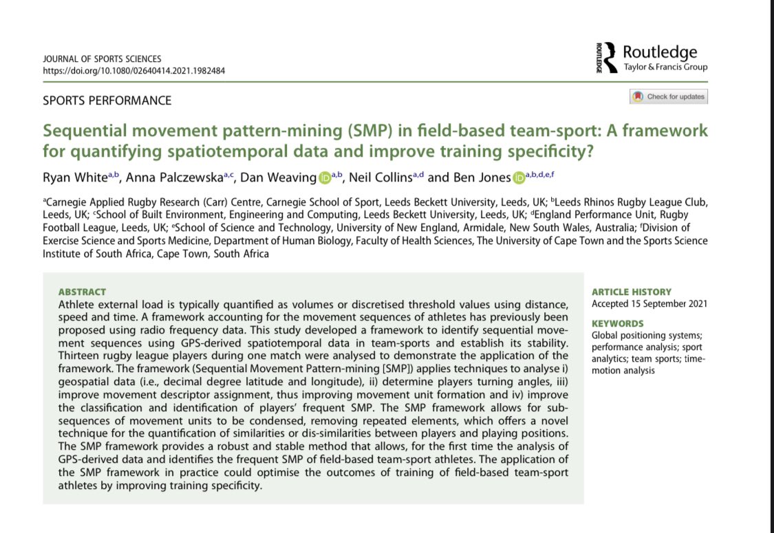 23Benjones's tweet photo. A framework to identify Sequential Movement Patterns (SMP) in team sports from GPS data, available in @JSportsSci by @RCWhite93 

https://t.co/k7aw2A70pw

Helpful to identify players movement patterns, evaluate training specificity during return to play &amp; training drills. https://t.co/T9CUnHr6Kx