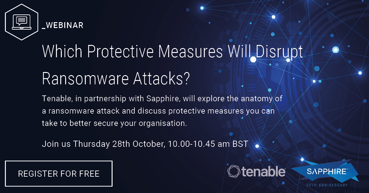 sapphire_cyber's tweet photo. Join Sean Seaman, Tenable Guardian at Sapphire, and Charles Clements, Security Engineer at Tenable, in our latest webinar exploring the anatomy of a ransomware attack on the 28th of October at 10 am. 

https://t.co/qK1vVFUSLY 
 
#sapphire #cybersecurity #activedirectory #malware https://t.co/UxmLrBcaBU