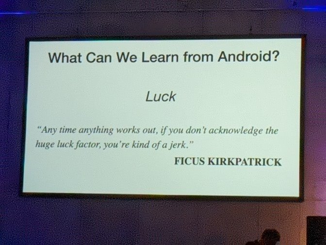 After an entire presentation about "Why projects succeed", <a href="/chethaase/">Chet Haase</a> ends with this quote from <a href="/ficus/">ficus</a>: "Any time anything works out, if you don't acknowledge the luck factor, you're kind of a jerk."
I feel this message is important.
#dcbln21