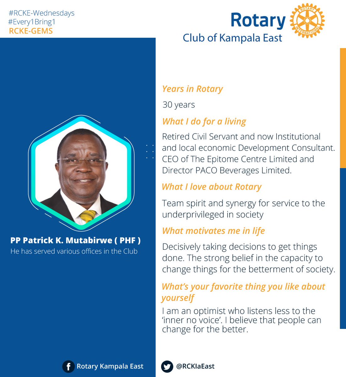 Our #RCKE-Gem for this week is the formidable PP. Patrick K. Mutabirwe (PHF) who has been in Rotary for over 30 years.  He is the ultimate Optimist and has served under various offices in <a href="/RCKlaEast/">RotaryKlaEast</a>.    #RCKEWednesdays.