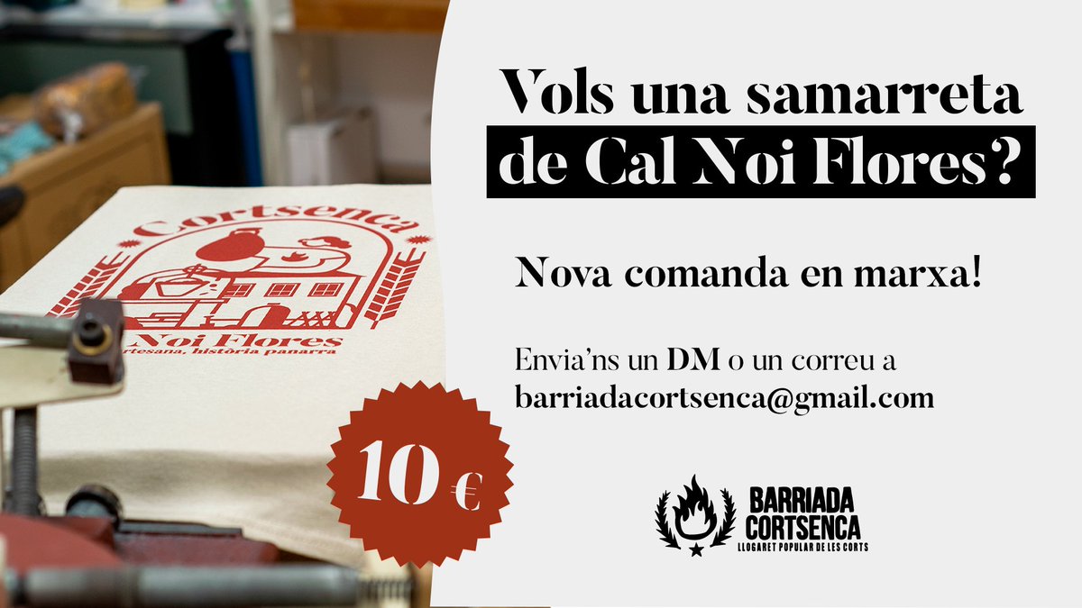 👕 Vols una samarreta de Cal Noi Flores?
👉 Nova comanda en marxa!

📬 Envia'ns un DM o un correu a barriadacortsenca@gmai.com (Nom Cognom + Talla)*

*No farem enviaments, la recollida serà presencial a l'Ateneu o algún espai del barri.
#lescorts #lescortsompoble #cortsenca