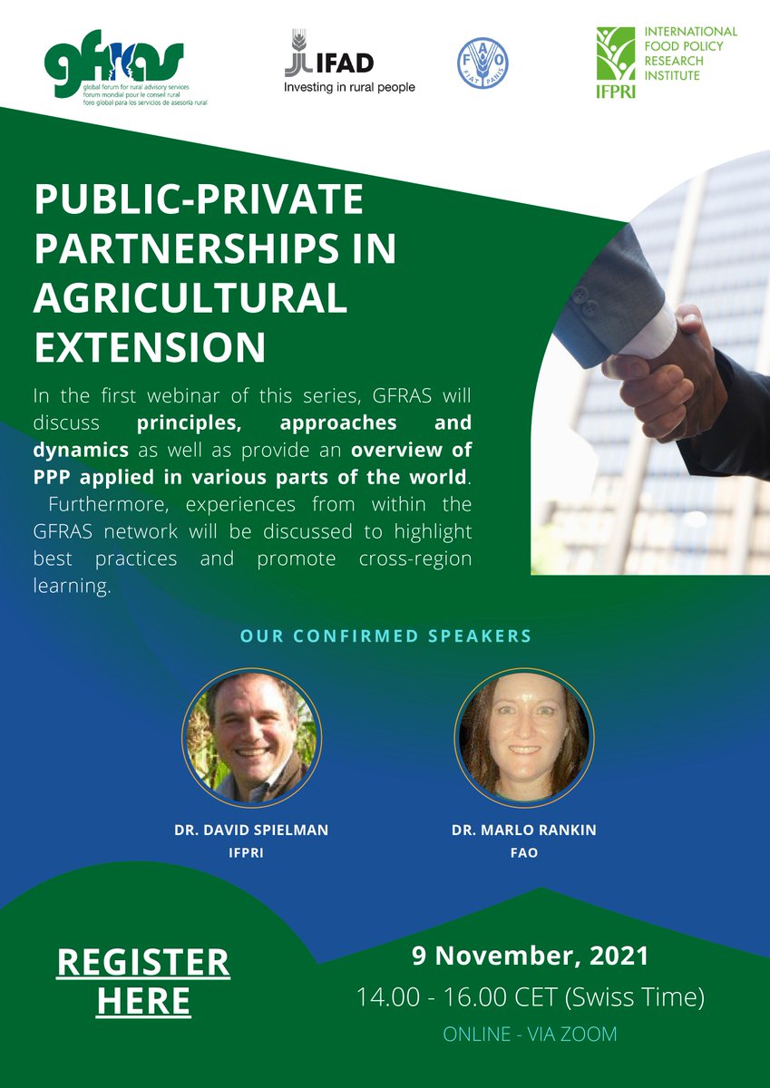 Register now for the first webinar on the GFRAS new series on 'Public-Private Partnerships in Agricultural Extension'. It's free! forms.gle/x3rjjnou4uJWe1… #agriculture #extension #farming