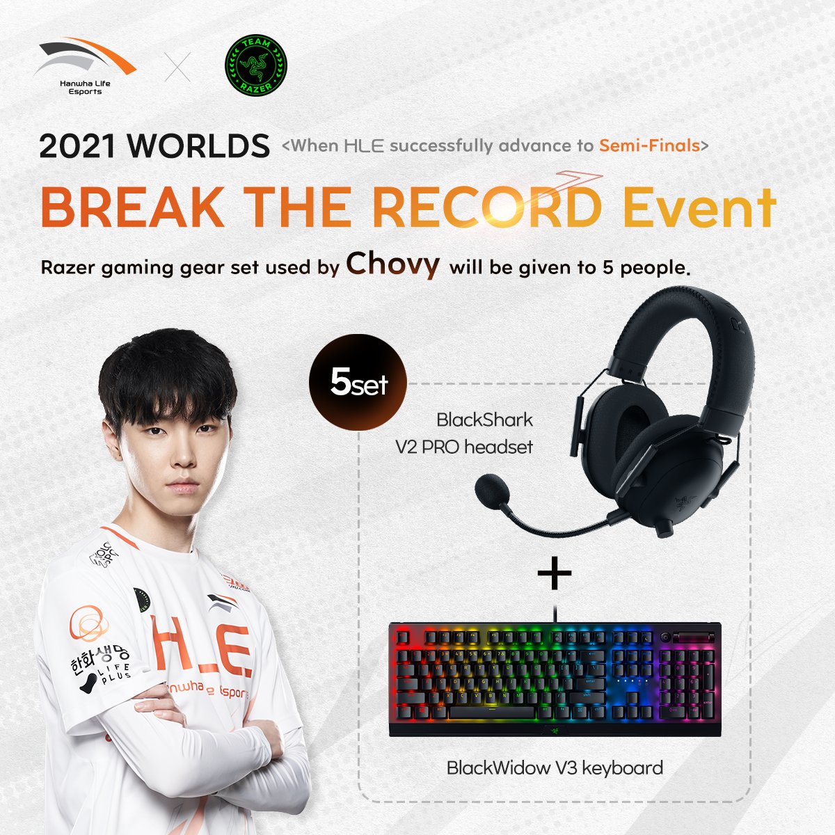 HLEofficial's tweet photo. HLE X @TeamRazer #2021Worlds “Break the Record” Event👉#Chovy’s #RAZER set will be given to 5 people when HLE advance to the Semi-Finals.
- How to participate
1) Follow @HLEofficial
2) Write replies with hashtags: #Worlds2021 #HLEWIN #RushTogether #TEAMRAZER #TEAMRAZERWIN https://t.co/c9rJf7nyQX