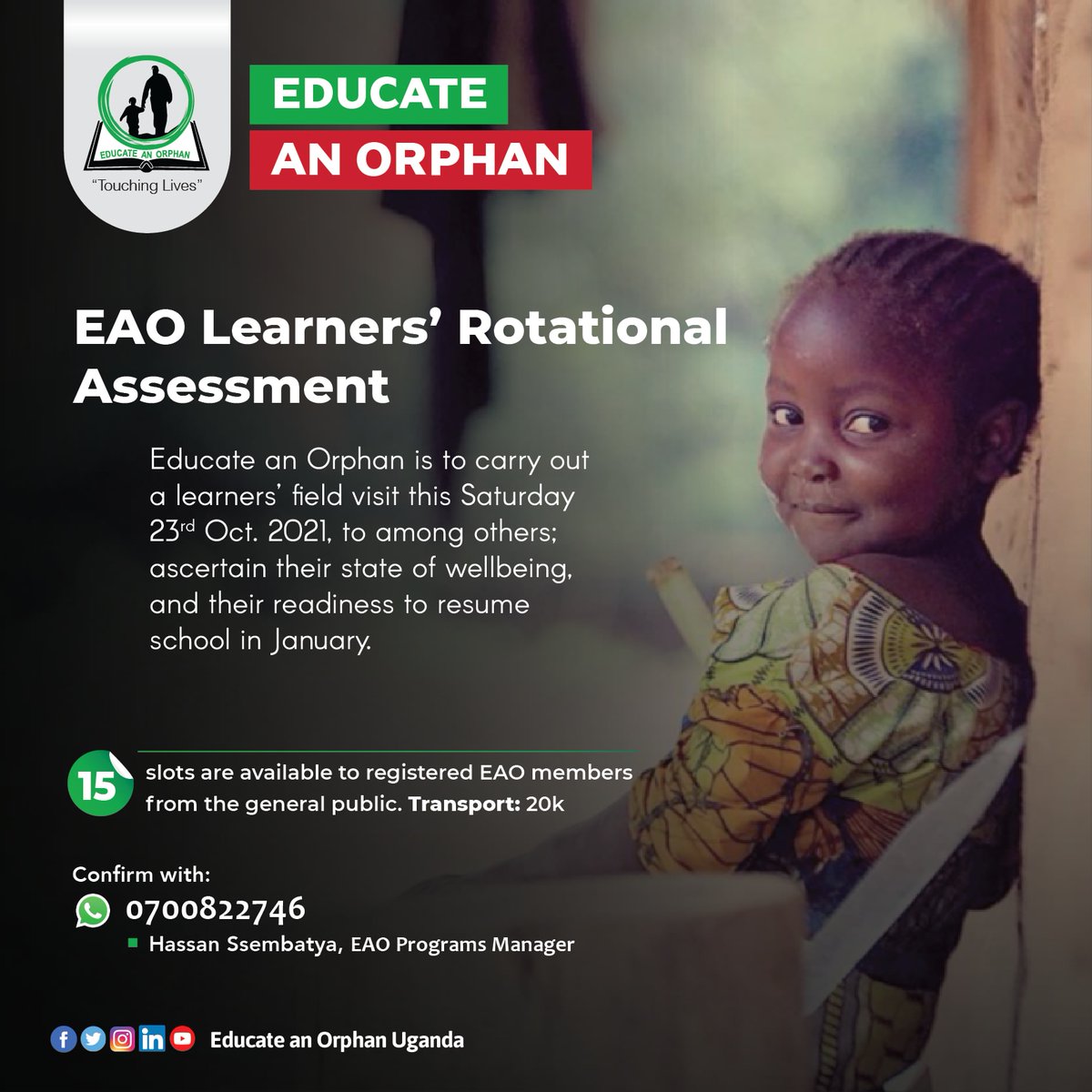 educateanorpha1's tweet photo. 📌 NOTICE 📌

EAO Learners' Rotational Assessment

🚩 Educate an Orphan is set to carry out a Learners' field visit this Saturday to among others; ascertain their state of well-being and their readiness to resume school in January. https://t.co/z3Sg7Q9ABi