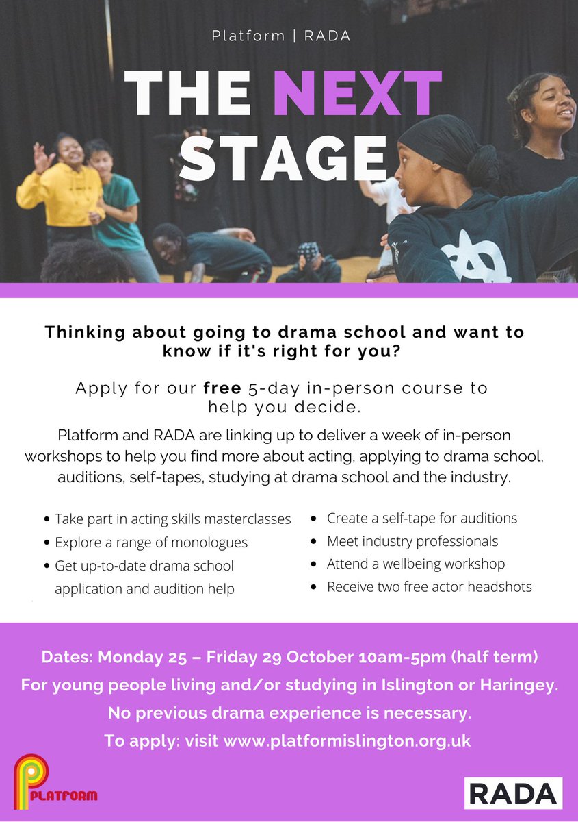 RADA_London's tweet image. We have teamed up with @platformhub again for The Next Stage from Mon 25 – Fri 29 October - designed to help young people decide if they want to apply for drama school. Find out more about the course lhttps://bit.ly/3vlhATw