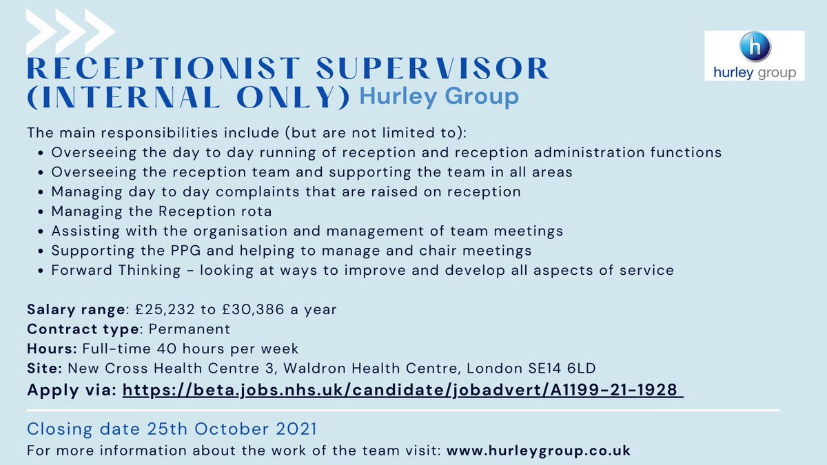 Exciting new job role as Receptionist Supervisor wanted at New Cross Health Centre, if you are interested, please apply via NHS Jobs using the following link beta.jobs.nhs.uk/candidate/joba…