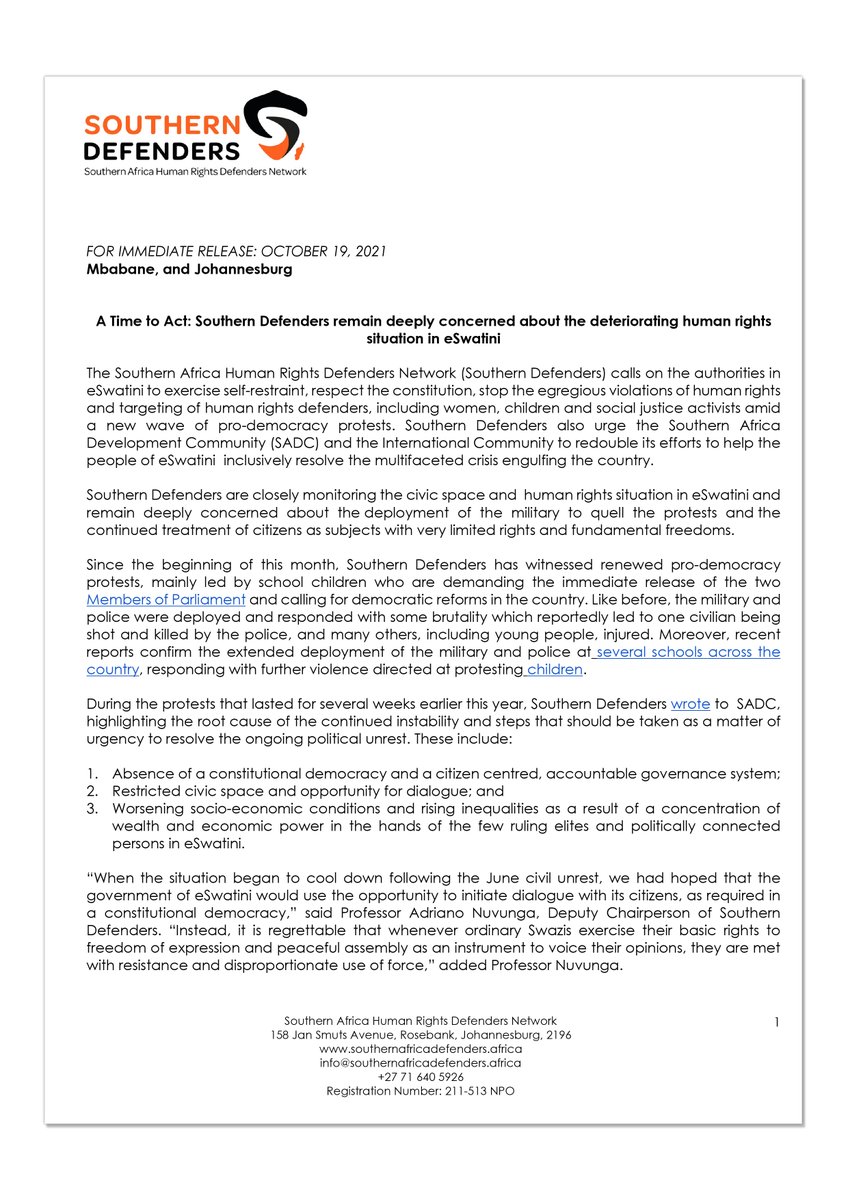 SAHRDNetwork's tweet photo. @SAHRDNetwork statement on the current political crisis in Eswatini #StandwiTHEM #EswatiniProtests https://t.co/arkTTdJuNc