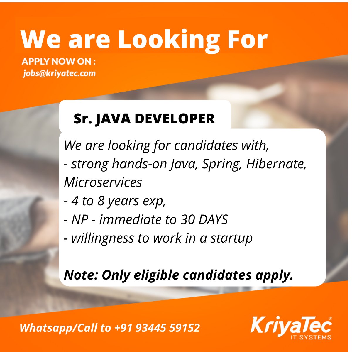 kriyatec's tweet image. Shoot your resumes now!

#javadeveloperjobs #javavacancies #jobchange