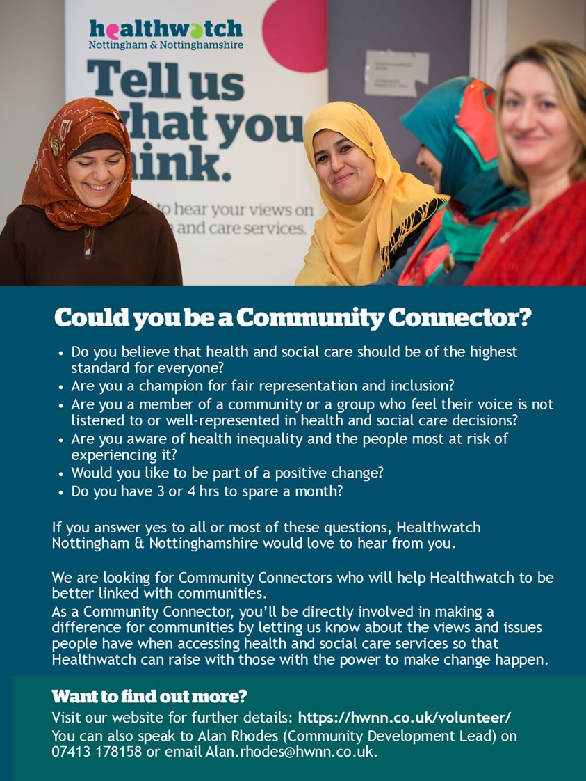 BCVSINVOLVE's tweet photo. Healthwatch Nottingham &amp; Nottinghamshire are looking to recruit volunteers for the role of Community Connectors
#volunteering https://t.co/NbLC9reuEX
