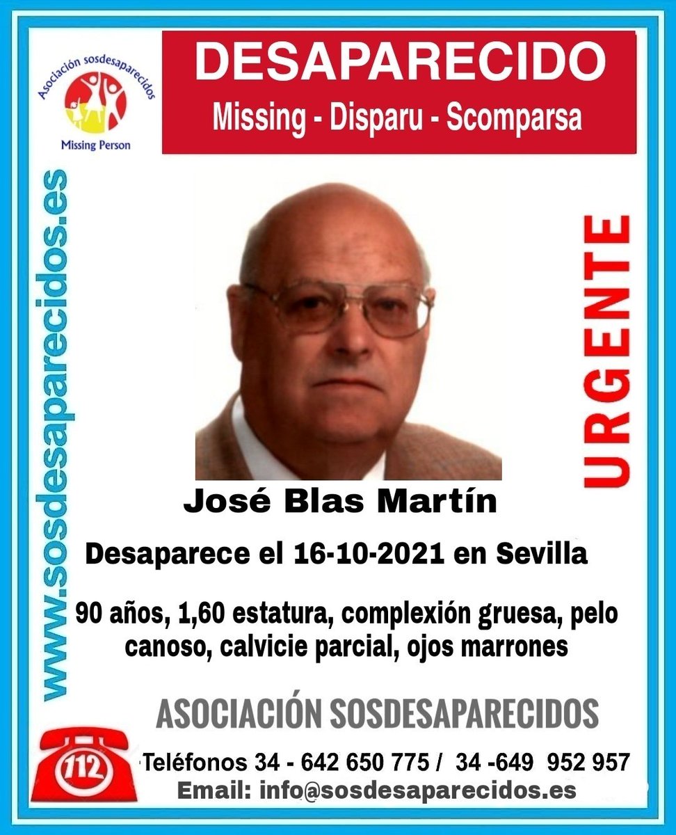 🆘#MuyUrgente⚠
José  es un #mayor que ha #desaparecido en #Sevilla 
Si le ves
☎️062
☎️091
☎️112
Dale RT 🙏