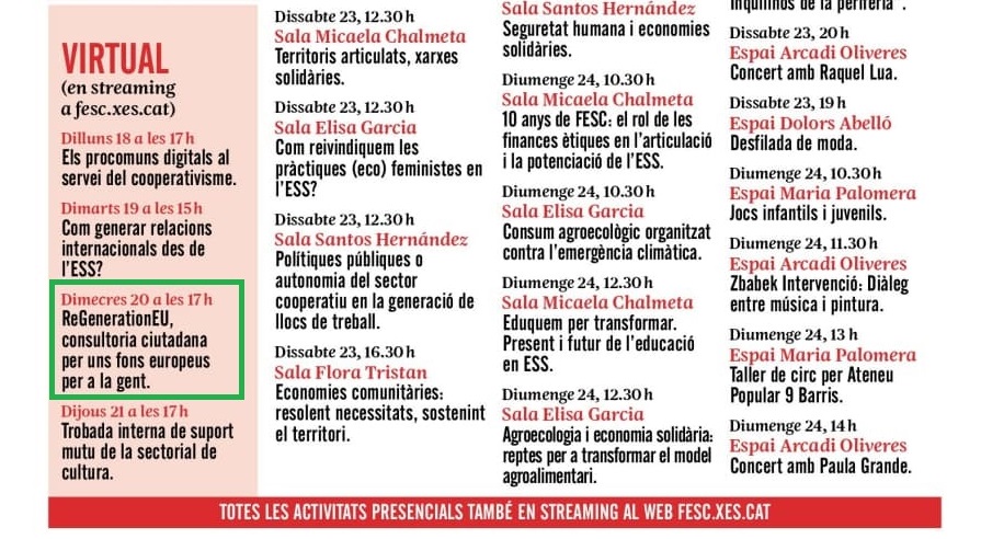 ¡Hoy a las 17h nos vemos en la #FESC2021!

Charla virtual para presentar la web-herramienta que hemos creado para que la economía social y solidaria tenga más fácil acceder a los fondos europeos #NextGenerationEU.

🔴 Streaming en la pàgina de <a href="/XES_cat/">Xarxa d'Economia Solidària de Catalunya</a>:  
fesc.xes.cat