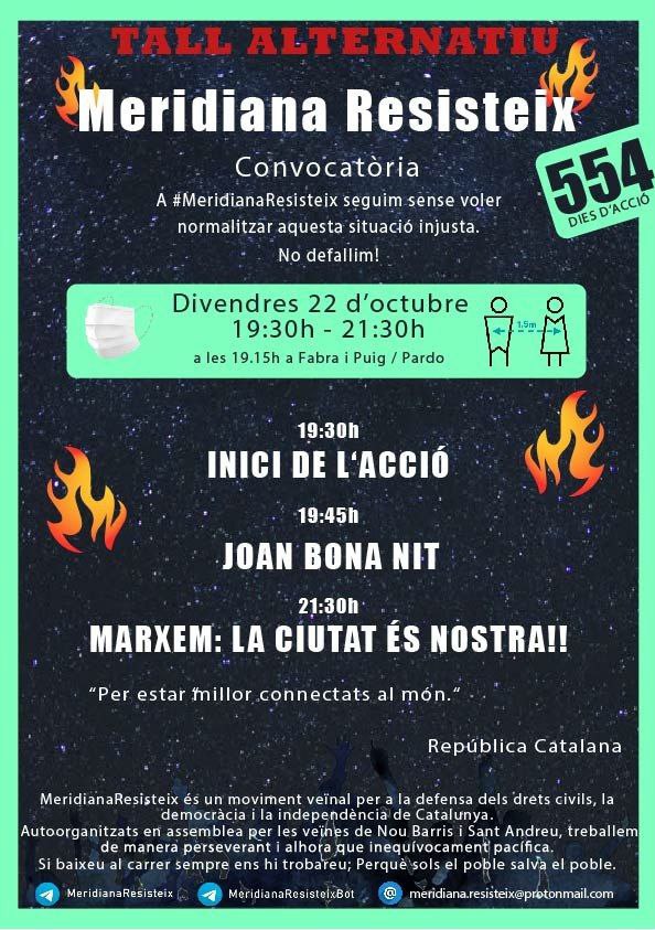 Meridianes i Catalunya!, 👇

Us anunciem i convoquem a aquests dos actes d'aquesta setmana. ✊ <a href="/Joan_BonaNit/">Joan #BonaNit</a> <a href="/TeiximRepublica/">Teixidores per la República, BCN</a>  #MeridianaResisteix 
#MeridianaAntifeixista #MeridianaFeminista #TeixintLaRepúblicaCatalana

Us hi esperem a totes! 👍✊