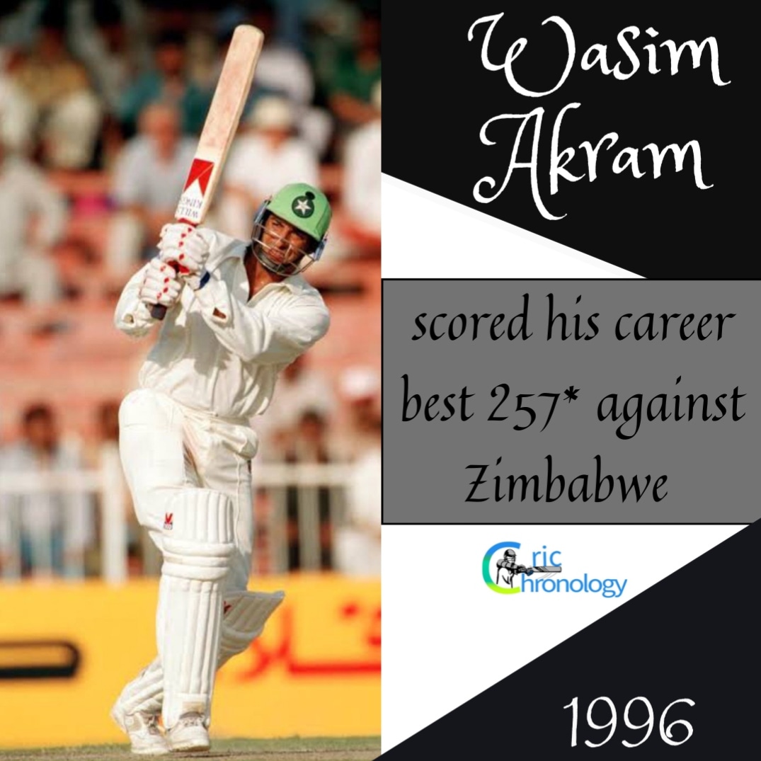 CriChronology's tweet photo. #OnThisDay #1996
@TheRealPCB left-arm fast bowler @wasimakramlive hit record breaking unbelievable 2⃣5⃣7⃣ runs against Zimbabwe in #Sheikhupura.He hit 2⃣2⃣ 4's &amp; 1⃣2⃣ 6's as constitute the record for most 6's hit in a single #Testinnings.He became #theplayerofthematch. 
#Cricket https://t.co/3xxCAxEIkY