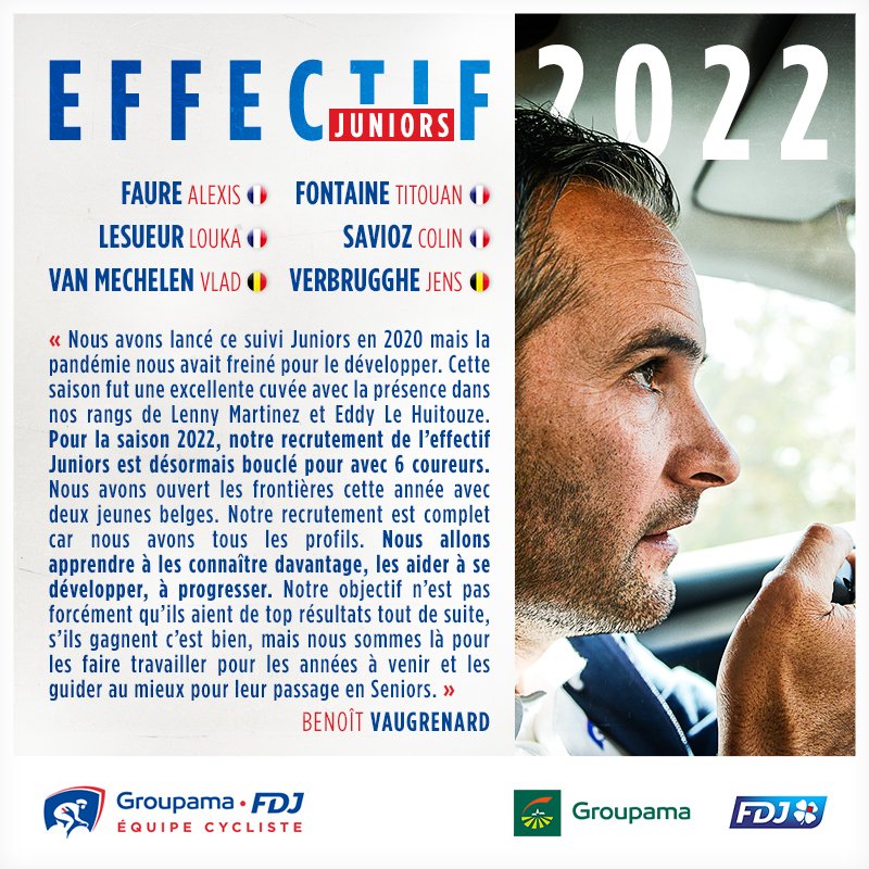GroupamaFDJ_ct's tweet photo. Fort d'une première expérience réussie, notre programme juniors dirigé par Benoît Vaugrenard se développe en 2022 et s'étend à l'accompagnement de 6 juniors. Découvrez l'identité de ces champions en devenir ⤵ https://t.co/n23a3OQXbz