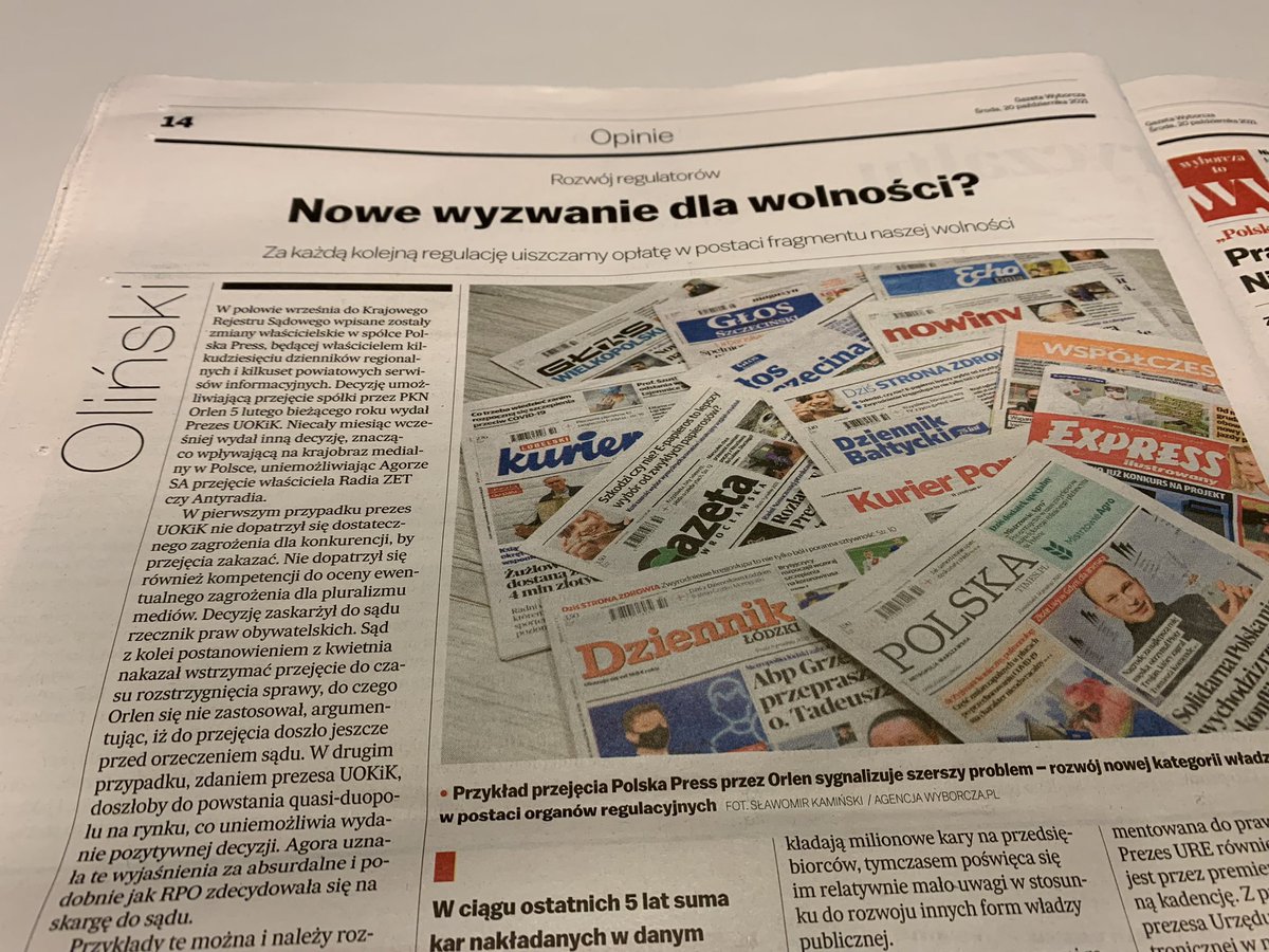 olinskipiotrek's tweet photo. W dzisiejszej @gazeta_wyborcza piszę o rozwoju władzy regulacyjnej i o tym jak wpływa ona na wolność jednostki. Za ilustrację posłużyły mi decyzje Prezesa UOKiK dot. rynku medialnego, ale temat jest zdecydowanie szerszy.
Link👉 https://t.co/T9vf8GifUc https://t.co/iDUsnmTac9