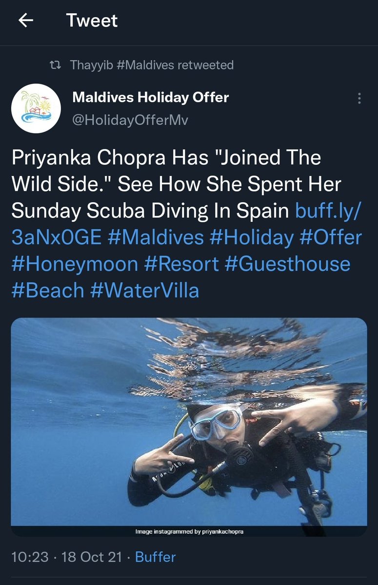 Could someone please educate me.

Priyanka Chopra taking a Scubs Dive session in Spain and what's it got with Madivian Holidays..??

Especially when Tourism promotion Boss <a href="/thayyib/">Thayyib</a> retweeted it, which means it must be something??

Alhugandu kudakoh Vaanuvaa ga veema mi ahaalani.