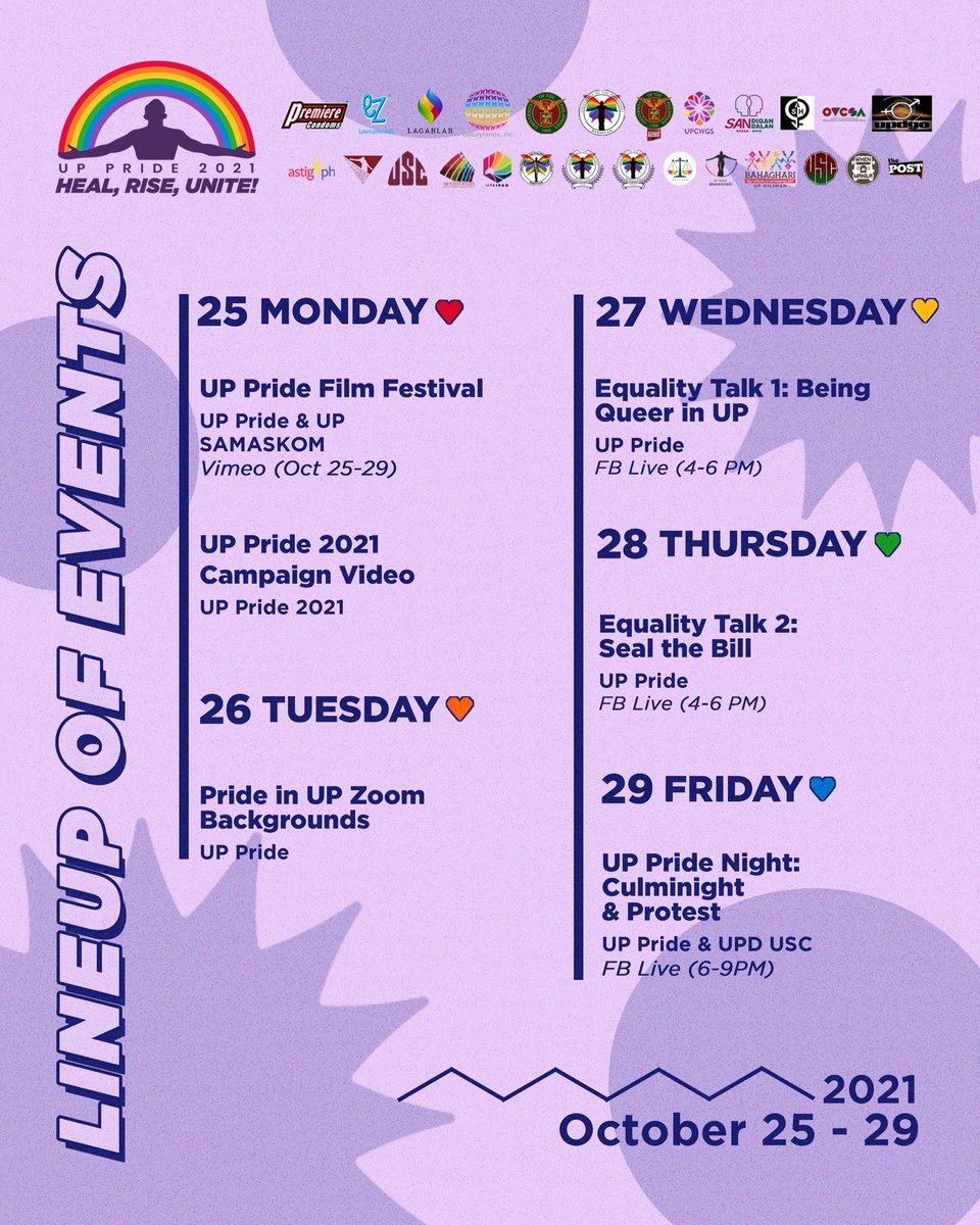 upprideofficial's tweet photo. Here’s the official event lineup of UP Pride 2021! 🏳️‍🌈✊🏽🏳️‍⚧️

Community calendar: https://t.co/HhdZRj8x1Q

#UPPride2021 
#HealRiseUnite
#SOGIEEqualityNow https://t.co/mXeeRbj963