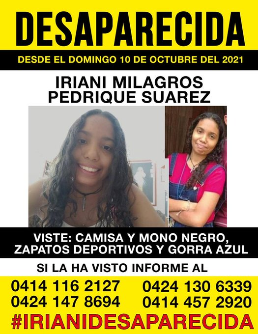 AxiomaReport's tweet photo. #URGENTE La joven Iriani Milagros Pedrique Suarez esta DESAPARECIDA, se encontraria con unos amigos el domingo 10 de octubre en Estación Plaza Venezuela. Respaldemos a los familiares @Lucelia57386029 en esta busqueda  #BuscarlasHastaEncontrarlas  #IrianiDesaparecida #NiUnaMenos https://t.co/p32jZvSXNj