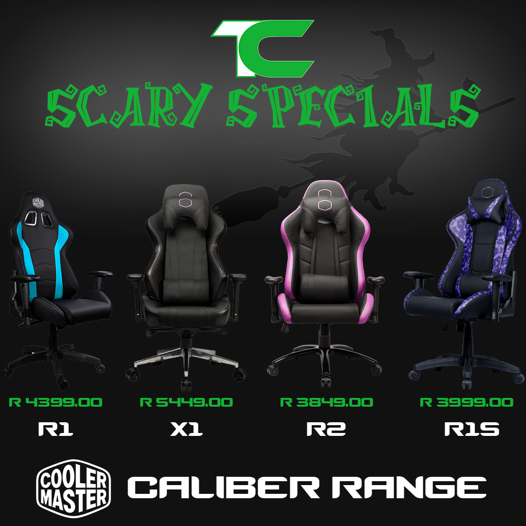 TwistedCablesZA's tweet photo. Experience comfort that is out of this world with the Caliber gaming chair range from Cooler Master this spooky season 🎃

With deals like these you can have all the comfort and support you need whether you're hopping into Fortnitemares or having a scary movie marathon👻 https://t.co/ClomlJKpVf