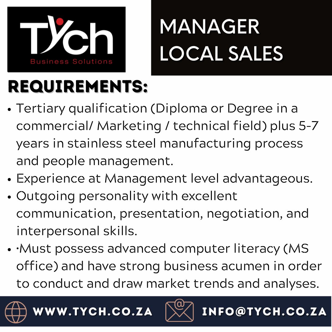 TychTeam's tweet photo. CLOSING DATE 24 OCTOBER 2021

APPLY ONLINE https://t.co/p6d51FgTrz

Preference will be given to African, Indian or Coloured male or female, in alignment with our client's EE policy.

#joblisting #applynow #nowhiring #jobs #employment #JobSeekersSA #steel #localsales #manager https://t.co/LqJA2FodPC