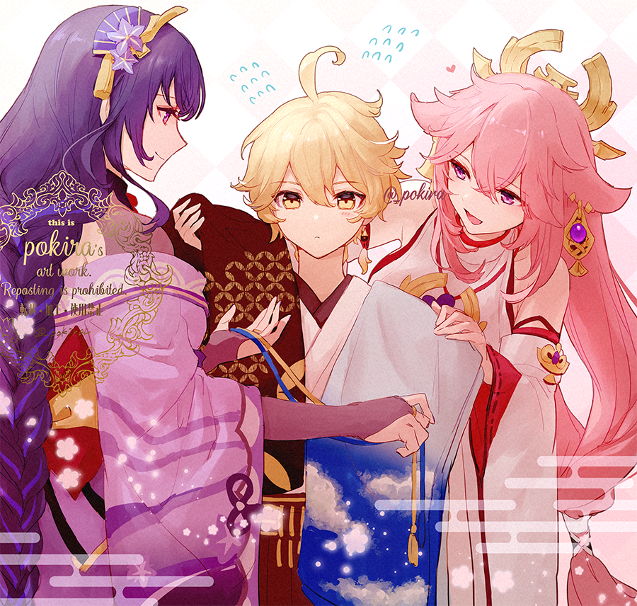 raiden shogun ,yae miko multiple girls 2girls 1boy purple hair blonde hair pink hair japanese clothes  illustration images