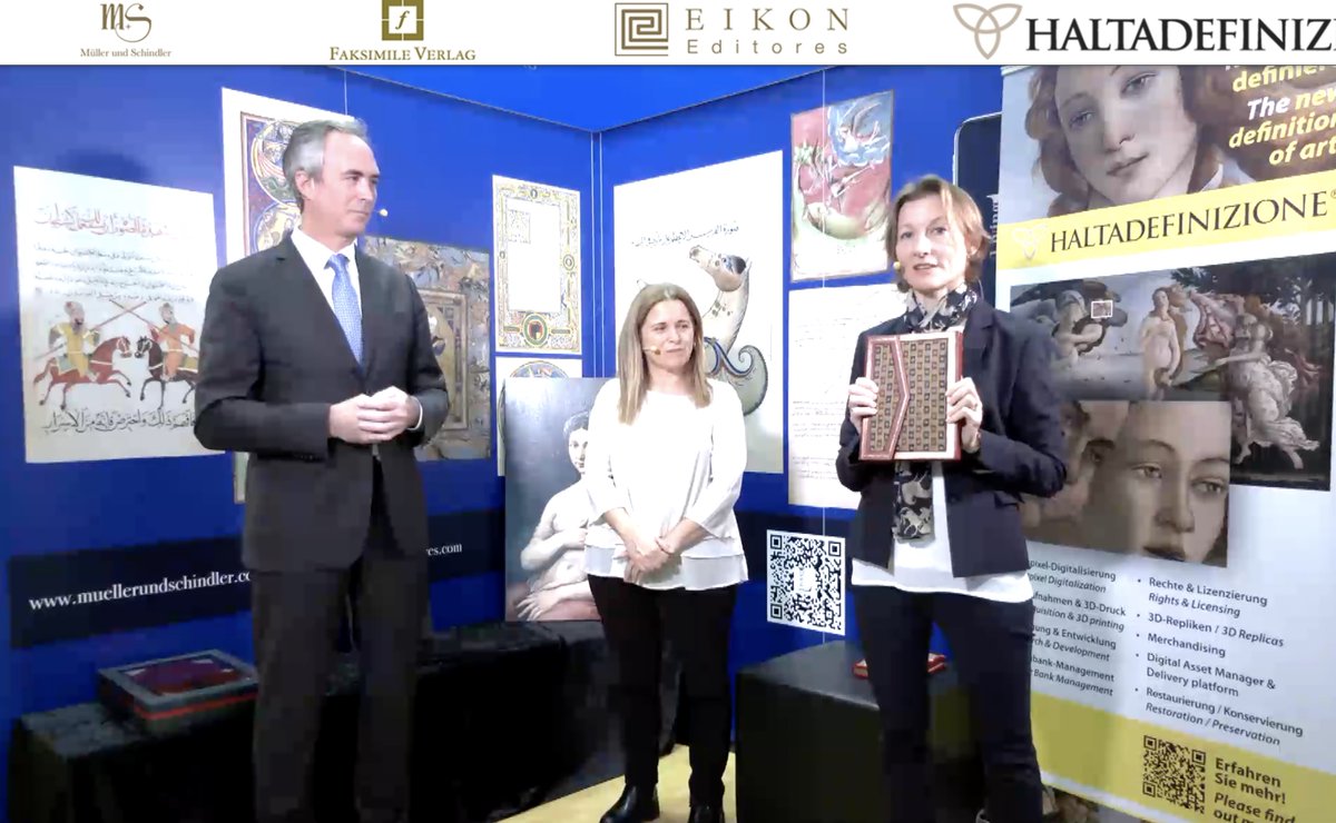 FacsimileFinder's tweet photo. Wonderful live presentation of our friends Charlotte Kramer, Alexander Wilhelm, and Lucia Panini from the Frankfurt Book Fair! On display, the BnF Ulugh Beg manuscript and the Aratea Vaticana. Both facsimiles will be available to libraries through #facsimilefinder #facsimiles https://t.co/Zp7moyzDor
