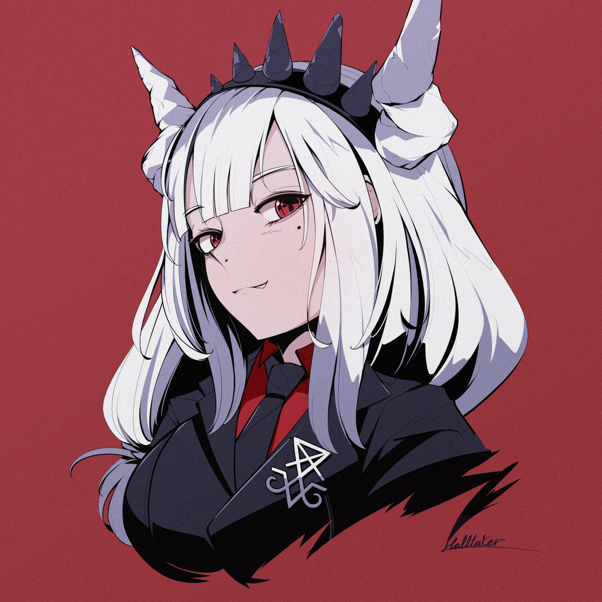 nidu4s's tweet photo. https://t.co/POEHC3c3ne #helltaker #lucifer_helltaker #lave2600 #single #long_hair #looking_at_viewer #fringe #highres #simple_background #red_eyes #white_hair #upper_body #horn_horns #mole #copyright_name #portrait #mole_under_eye #red_background #girl #necktie #tiara https://t.co/GcXI0nJjlu
