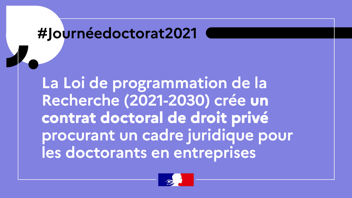 sup_recherche's tweet photo. #JournéeDoctorat2021 | La #LoiRecherche crée un #contratdoctoral de droit privé : cadre juridique spécifique pour les doctorants en entreprises. 
Actuellement seulement 12% des chercheurs en entreprises ont un doctorat.
En savoir+👉https://t.co/ifHx2EBsVN https://t.co/EBWuDypgnY