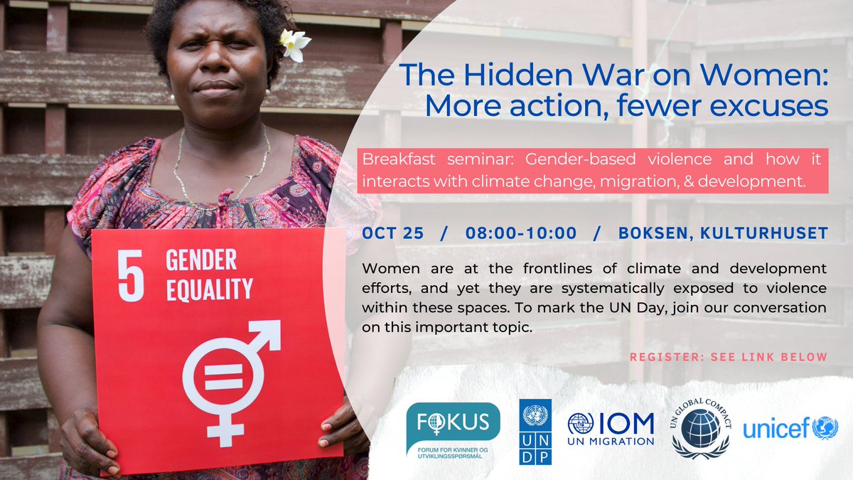 UNDPNorway's tweet photo. Women are at the frontlines of #climateefforts and #development, yet systematically exposed to violence in these spaces. What is at core of these patterns of violence?
Join our breakfast seminar on this topic!
ποΈ25 Oct, 8:00-10:00, Kulturhuset
Register: https://t.co/DaiOjBSpDn https://t.co/Bbi4ozzi4X