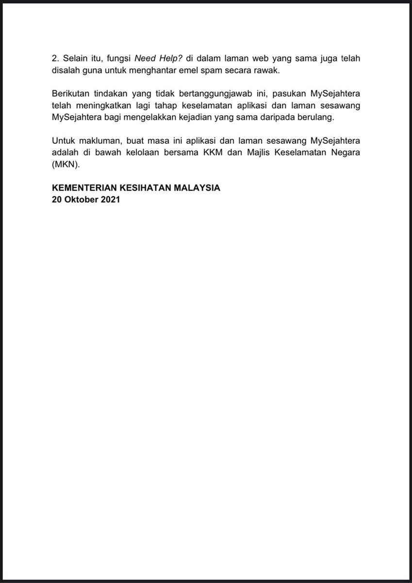 my_sejahtera's tweet image. Good evening, we would like to assure all MySejahtera users that no user data was accessed. Randomly generated phone numbers and email IDs were used to send OTP SMS/Email. We apologise for the inconvenience and have added security to prevent this.